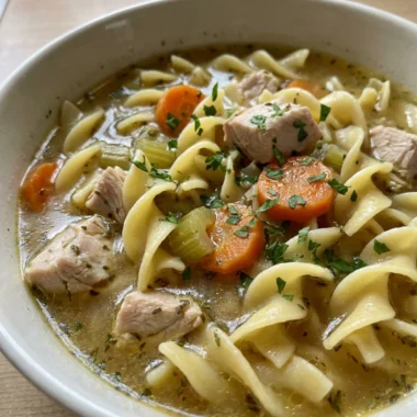 A close-up of a white bowl filled with chicken noodle soup with a spoon.
