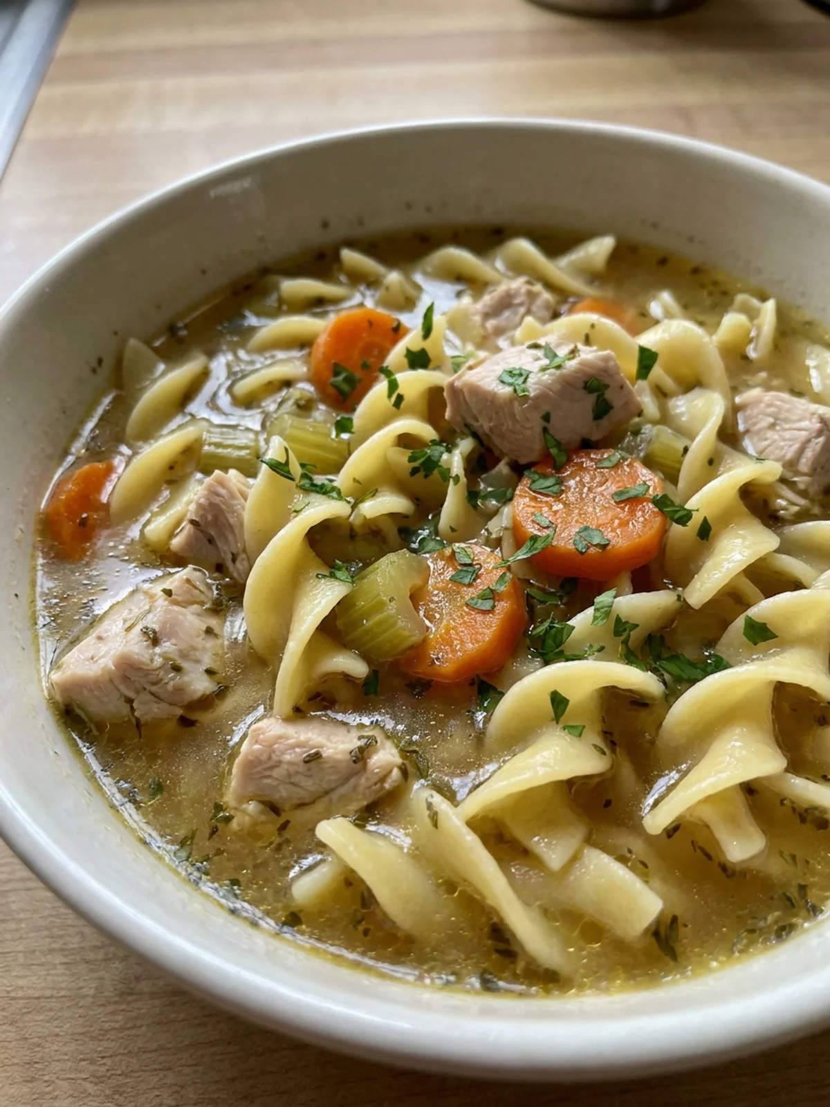 A close-up of a white bowl filled with chicken noodle soup with a spoon.