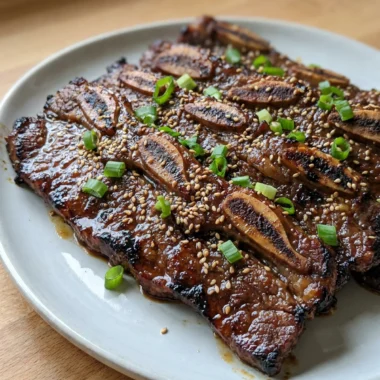A close-up of grilled Korean short ribs with visible bone sections on a white plate.