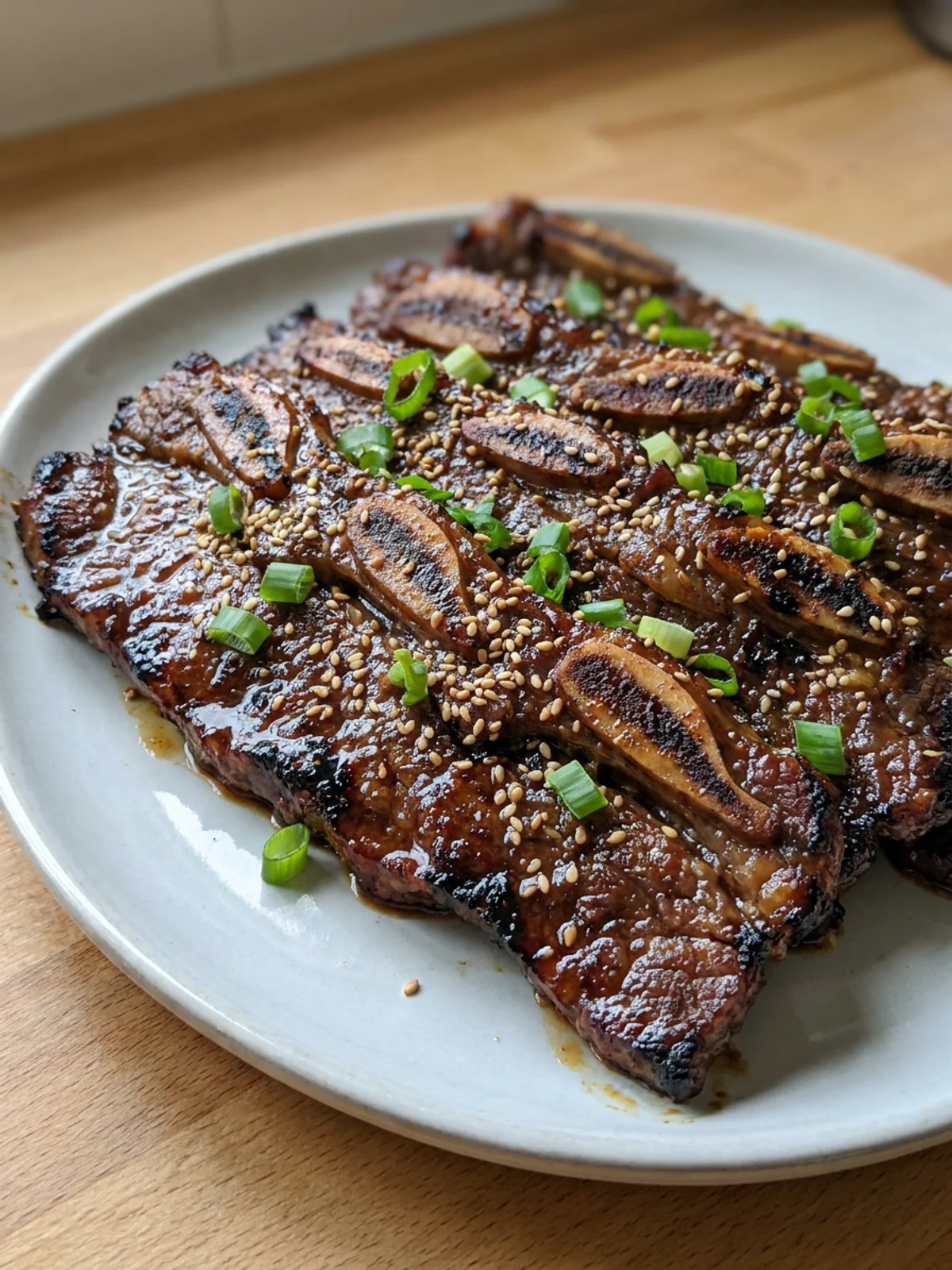 A close-up of grilled Korean short ribs with visible bone sections on a white plate.