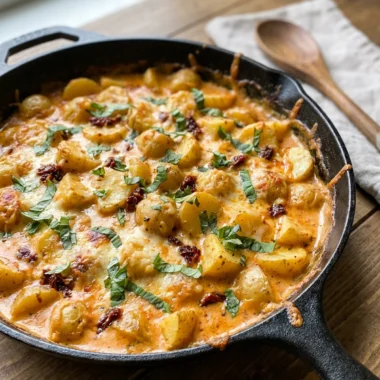 Overhead view of the ingredients for a creamy potato skillet on a wooden board.