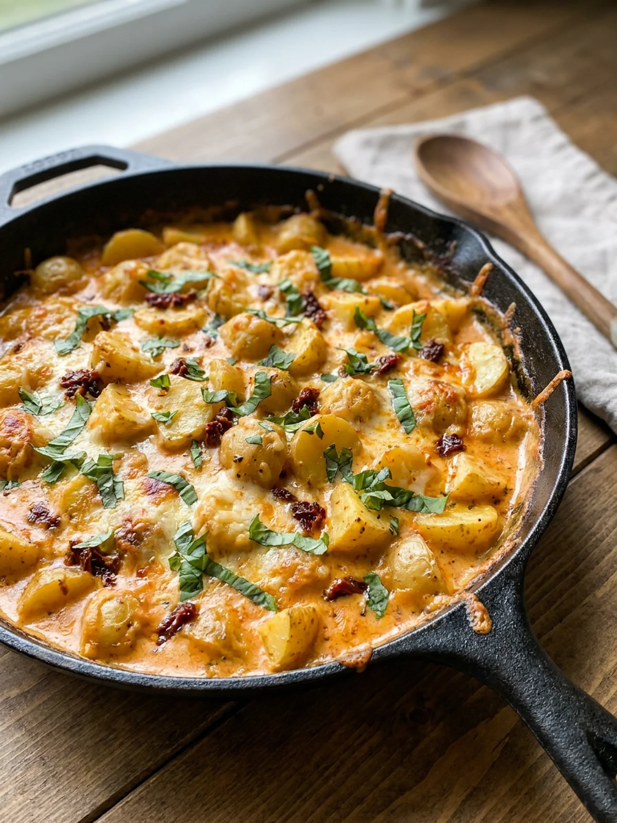 Overhead view of the ingredients for a creamy potato skillet on a wooden board.