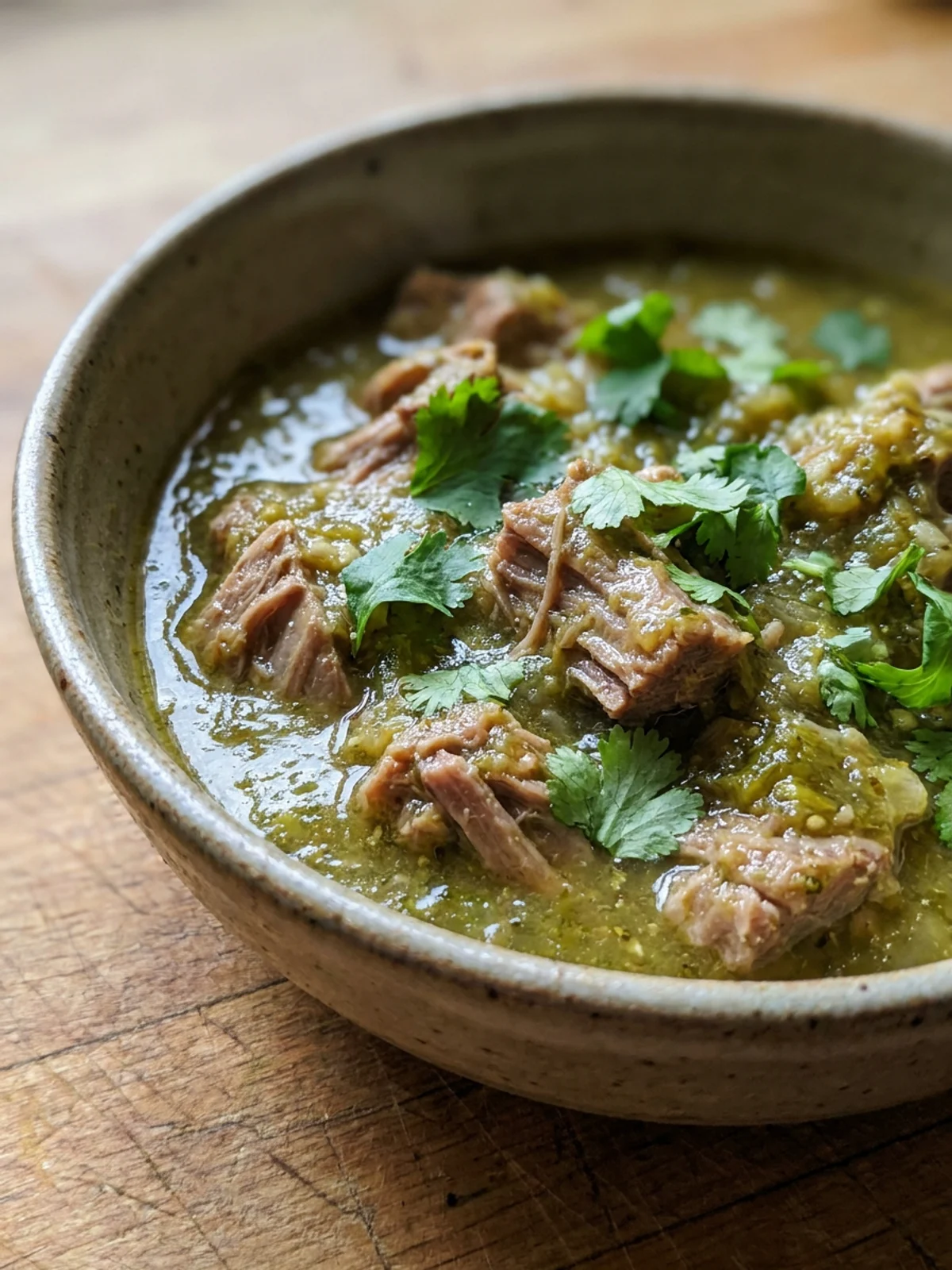 A close-up of a spoonful of pork chili verde showing tender meat and green sauce.