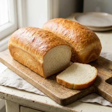 A side view of a sliced loaf of potato bread, highlighting its soft and tender texture.