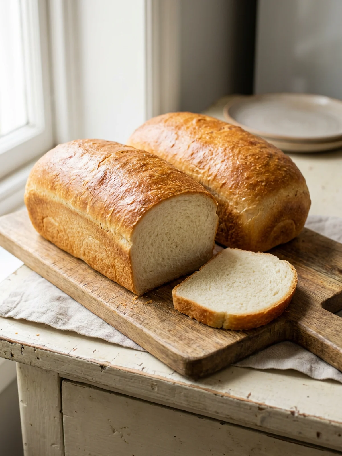 A side view of a sliced loaf of potato bread, highlighting its soft and tender texture.