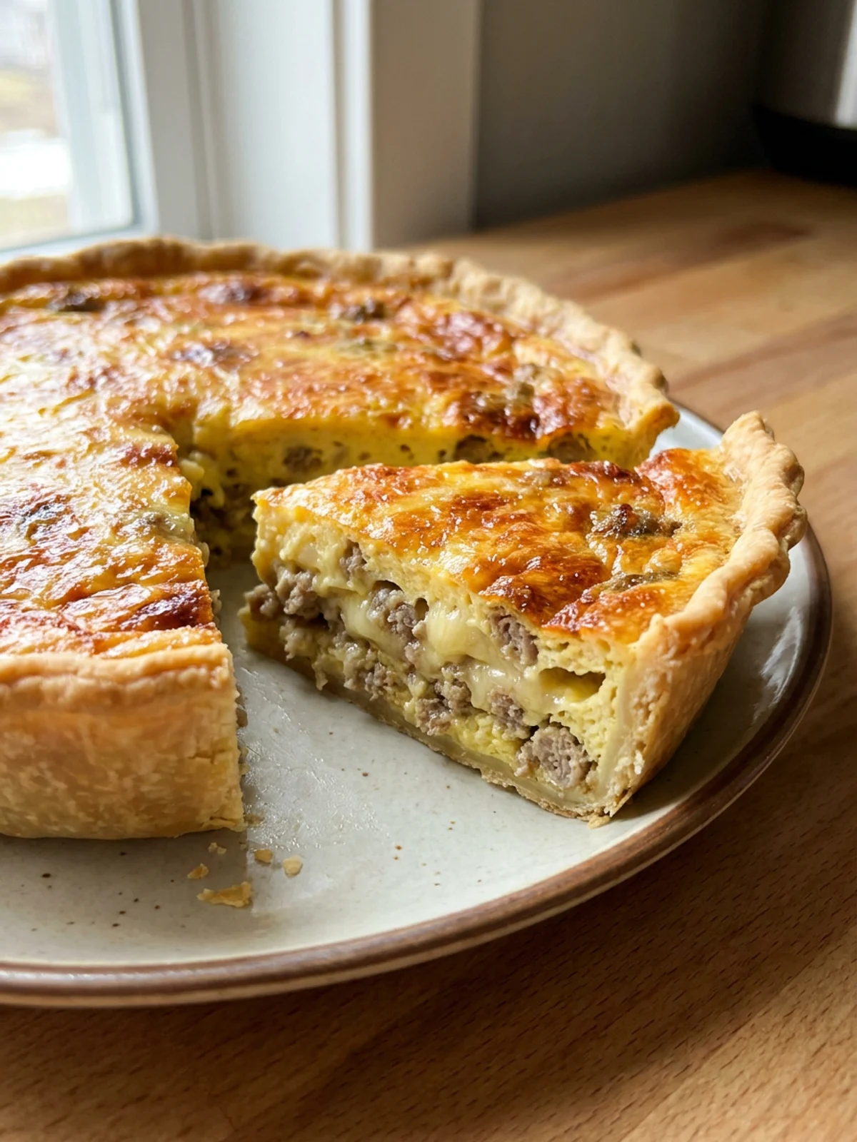 A slice of sausage quiche on a white plate next to a fork.