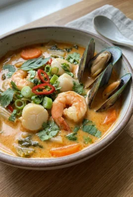 Overhead view of a large pot filled with coconut curry seafood soup.