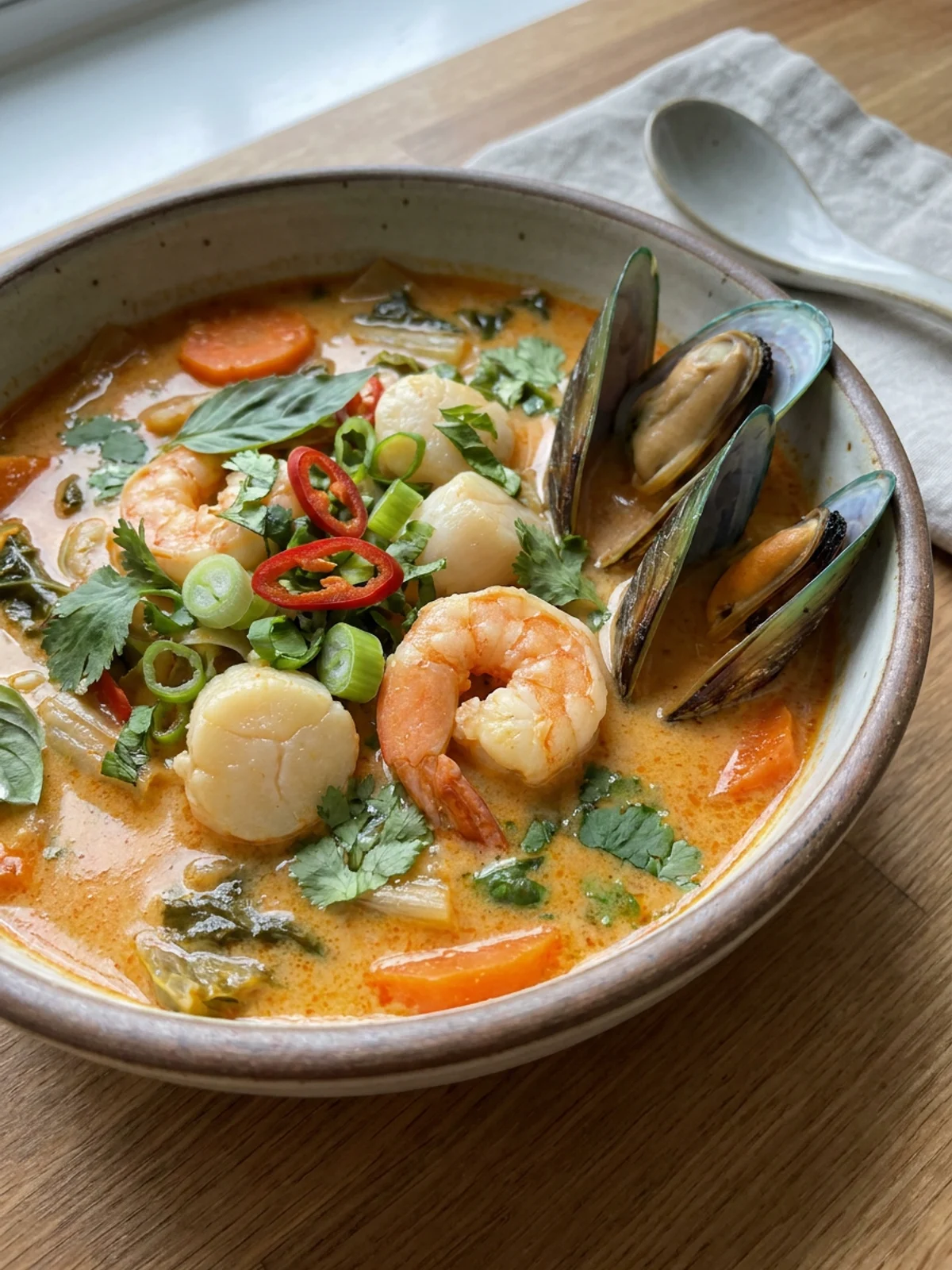 Overhead view of a large pot filled with coconut curry seafood soup.