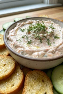 A close-up of a cracker being dipped into a bowl of salmon dip.