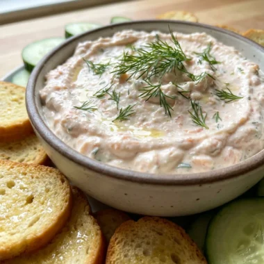 A close-up of a cracker being dipped into a bowl of salmon dip.