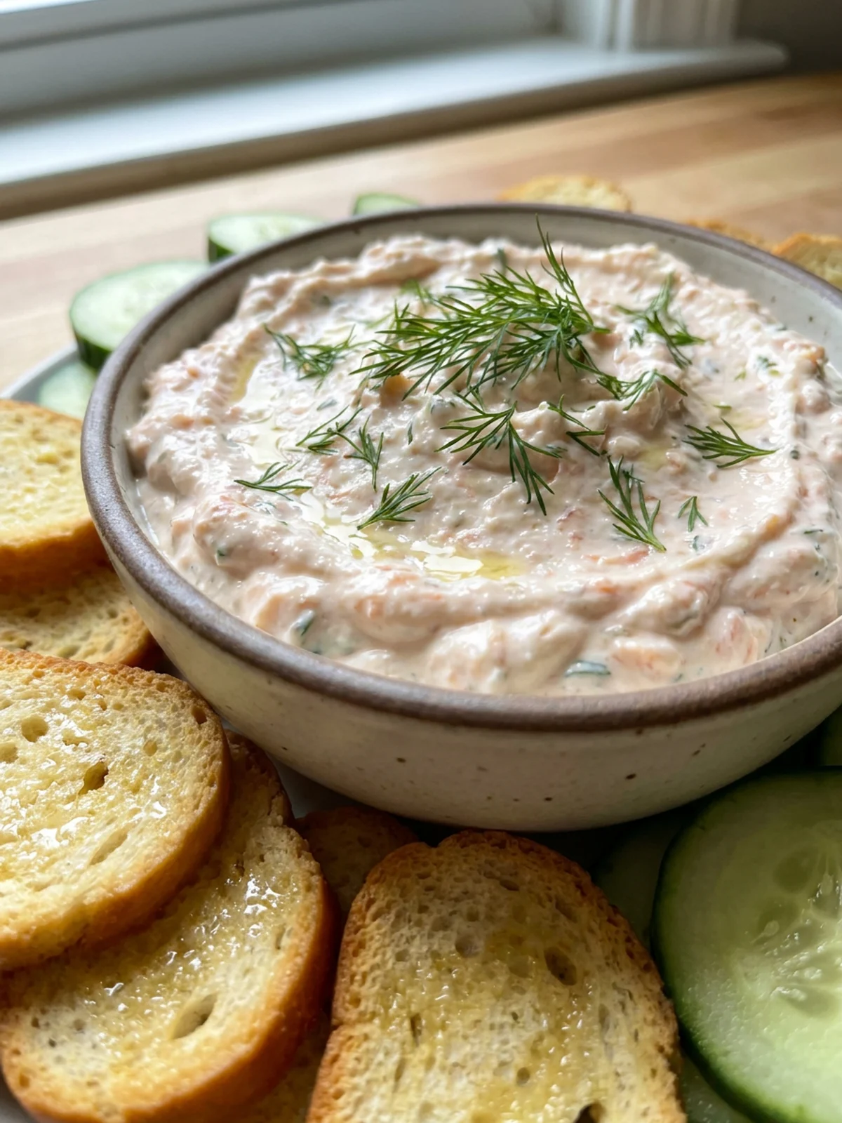 A close-up of a cracker being dipped into a bowl of salmon dip.