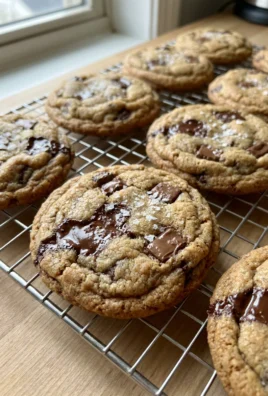 A close-up of a golden-brown sourdough cookie with melted chocolate pools and flaky salt.