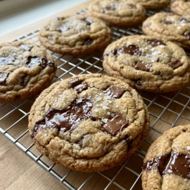 A close-up of a golden-brown sourdough cookie with melted chocolate pools and flaky salt.