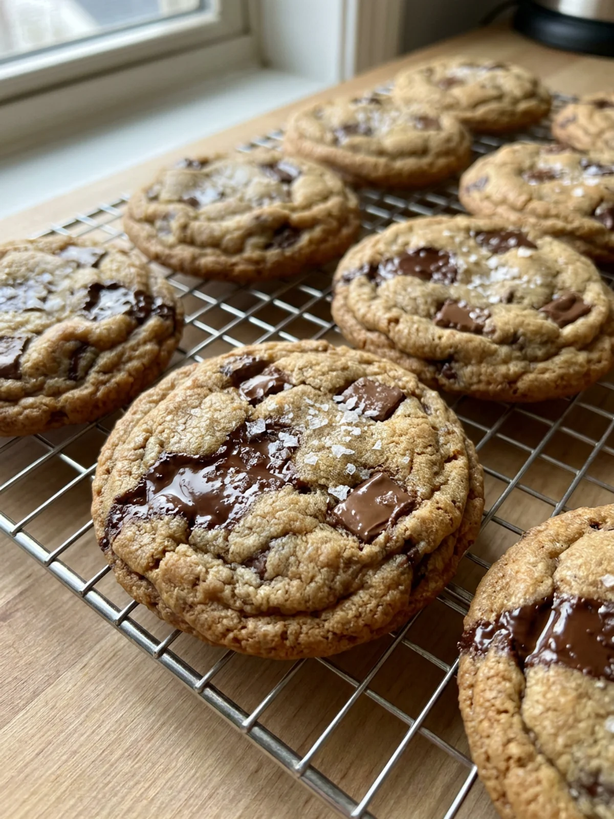 A close-up of a golden-brown sourdough cookie with melted chocolate pools and flaky salt.