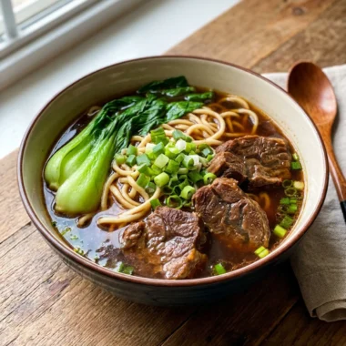 A close-up of a steaming bowl of beef noodle soup showing noodles and beef.
