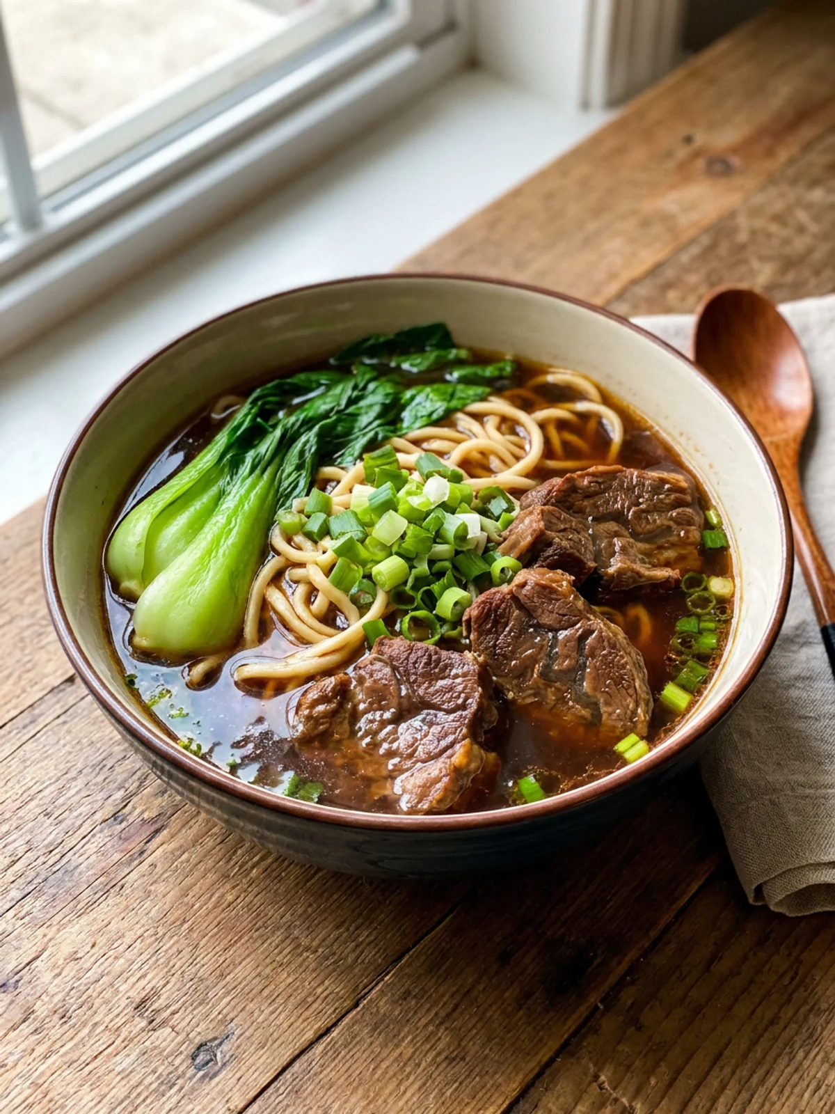A close-up of a steaming bowl of beef noodle soup showing noodles and beef.